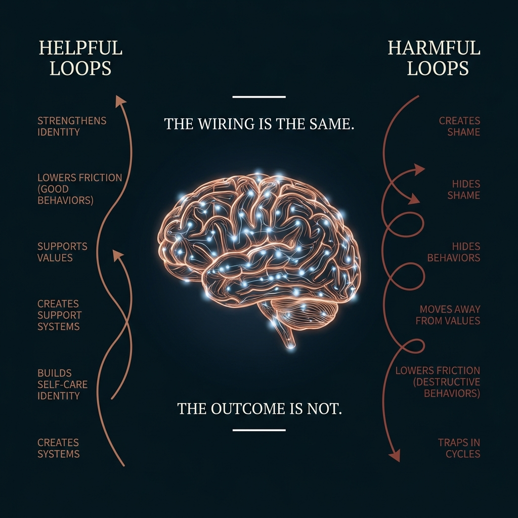 The duality of habit loops shows how identical neural wiring produces opposite outcomes: helpful loops versus harmful loops diverge.

