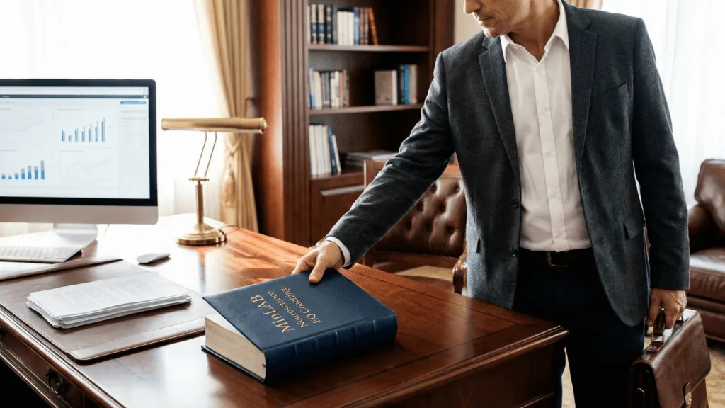 Professional executive picking up an EQ leadership advisory book from a wooden desk in a bright corporate office.