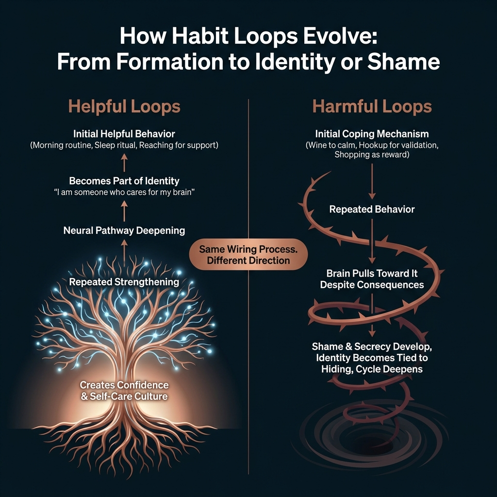 This comparison illustrates how helpful habit loops evolve towards identity and confidence, while harmful loops spiral into shame and secrecy.