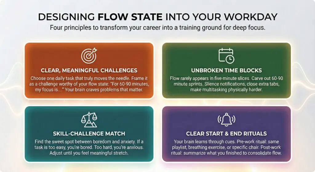 Four-box infographic showing flow state work principles: clear challenges, unbroken time blocks, skill-challenge balance, and start-end rituals for designing flow in your career.