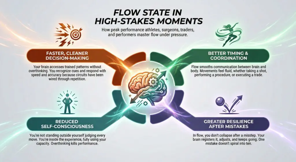 High-stakes performance flow state diagram with four benefits: faster decision-making, better timing and coordination, reduced self-consciousness, and greater resilience after mistakes.