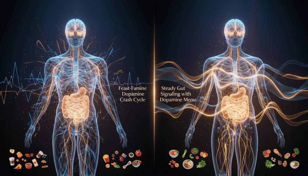 Before and after comparison of feast-famine dopamine crash cycles versus steady dopamine signaling from balanced gut-brain axis with healthy nutrition menu.
