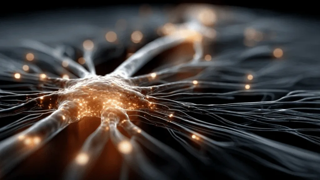 Abstract neural network junction with glowing golden light paths illustrating neuroscience-based protocols for resetting and retraining the gut-brain axis connection.