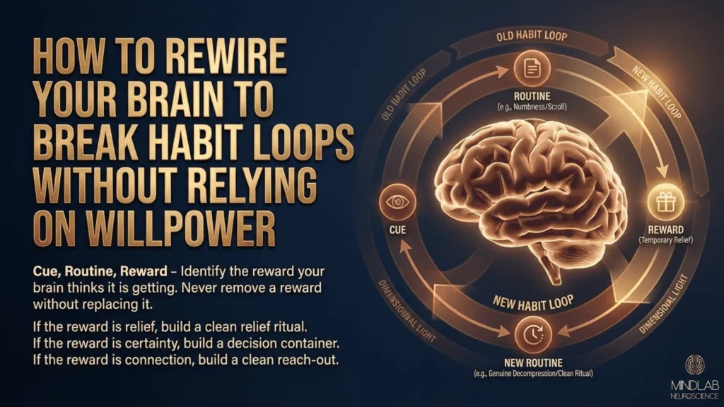 How to rewire your brain and break habit loops without willpower - cue-routine-reward cycle diagram with brain visualization showing old habit transforming to new habit loop.