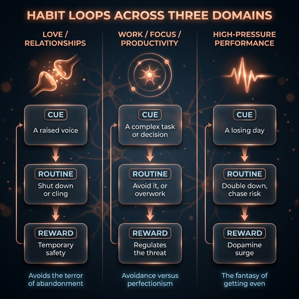 Habit loops manifest across three life domains: love showing fear of abandonment, work displaying avoidance versus perfectionism, and performance.