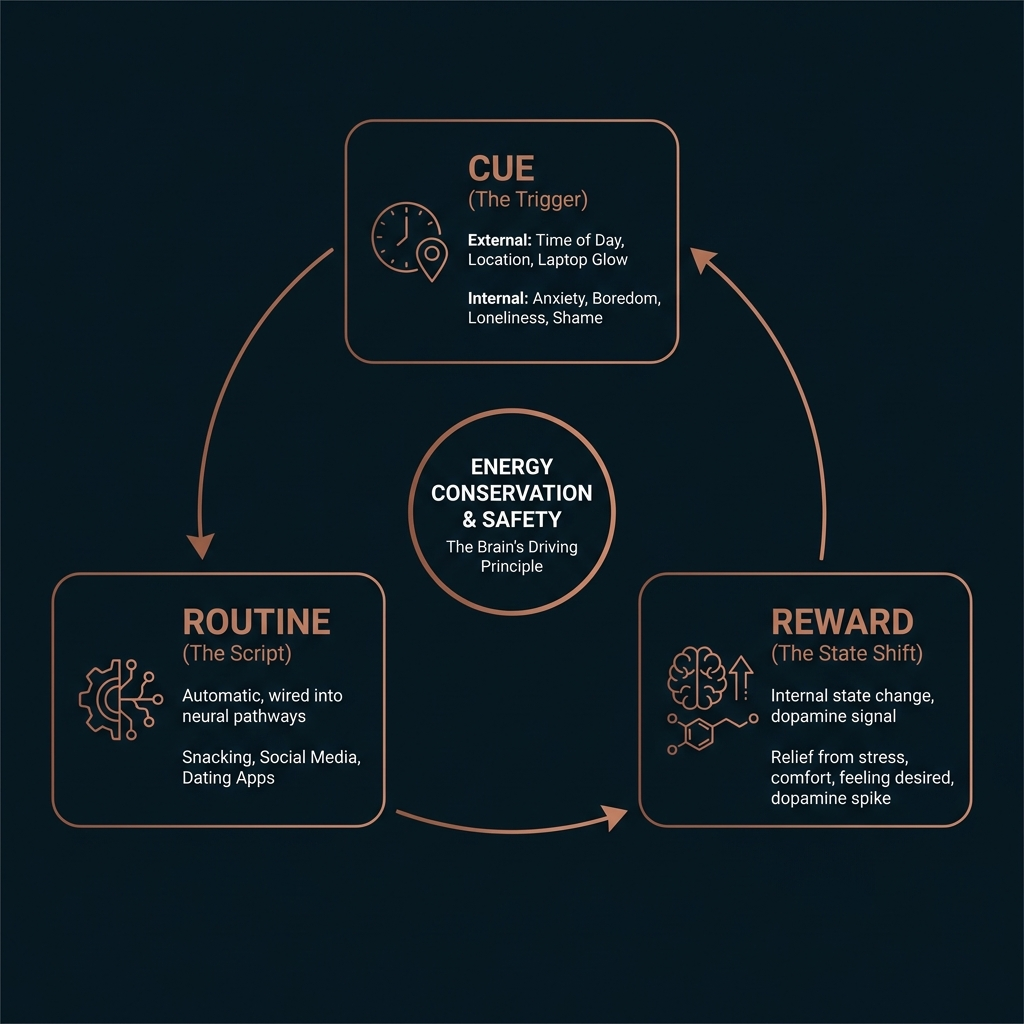 Habit loops infographic showing the three-part cycle of cue triggers, routine behavior, and reward state shift with examples.