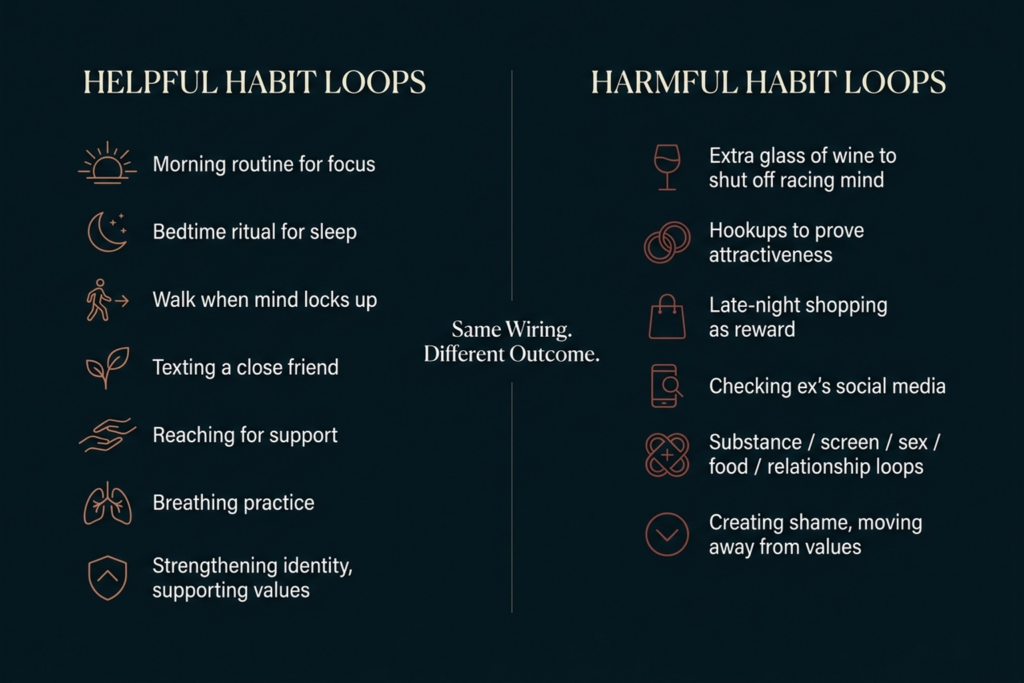 The infographic provides a comparison between beneficial habit loops, such as morning routines, and harmful ones, such as drinking and late-night shopping.