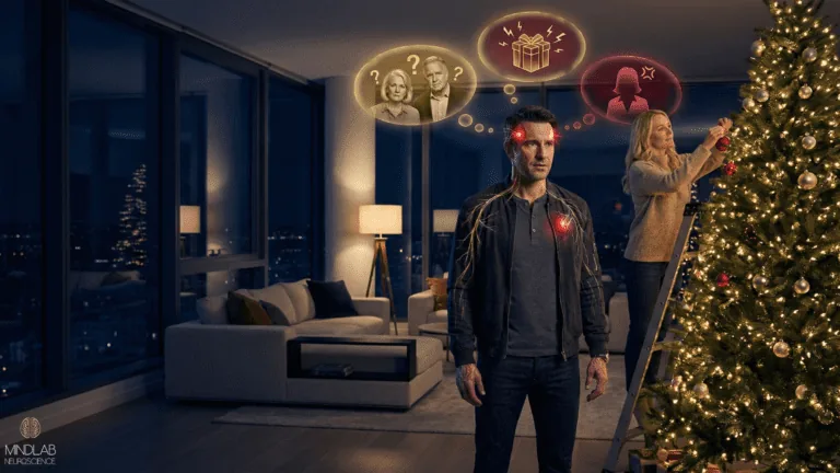 Man experiencing holiday burnout stress with wife decorating Christmas tree in luxury apartment setting.