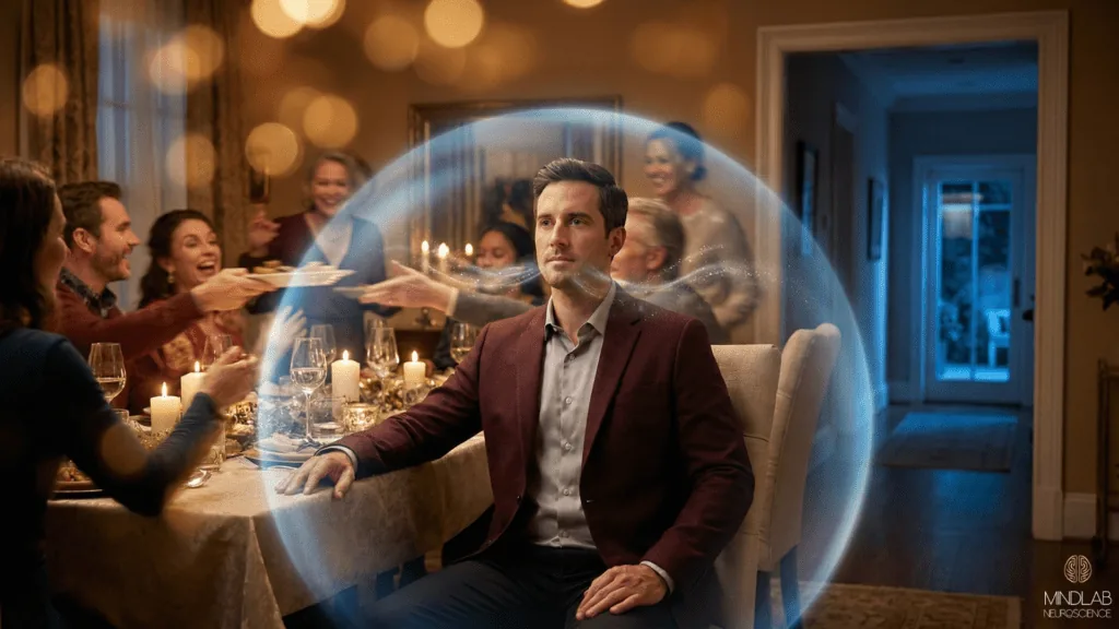 Man creating protective boundary at chaotic family dinner demonstrating nervous system protection from burnout.