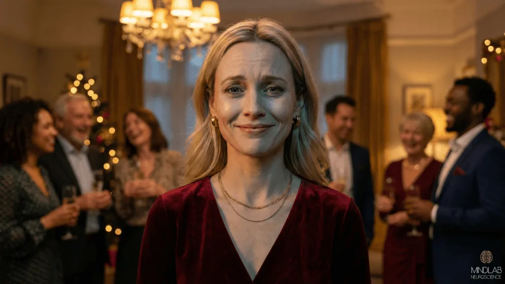 Woman hiding deep sadness behind practiced smile at holiday party showing emotional cost of joy pressure burnout.