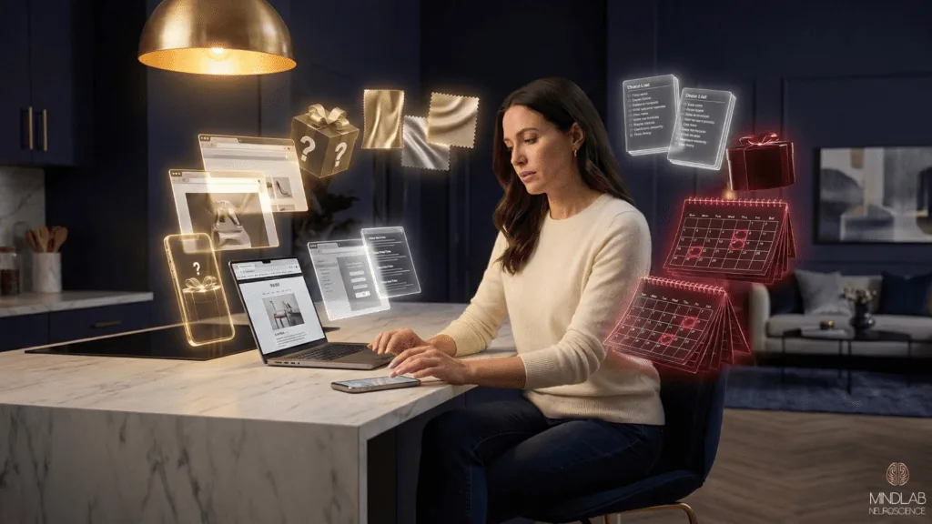 Woman surrounded by overwhelming holiday decisions representing the cognitive overload of holiday burnout season.