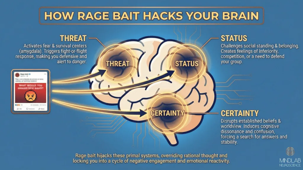 How Rage Bait Hacks Your Brain infographic showing a glowing brain diagram labeled threat, status, and certainty, with arrows from a rage bait post illustrating emotional manipulation.