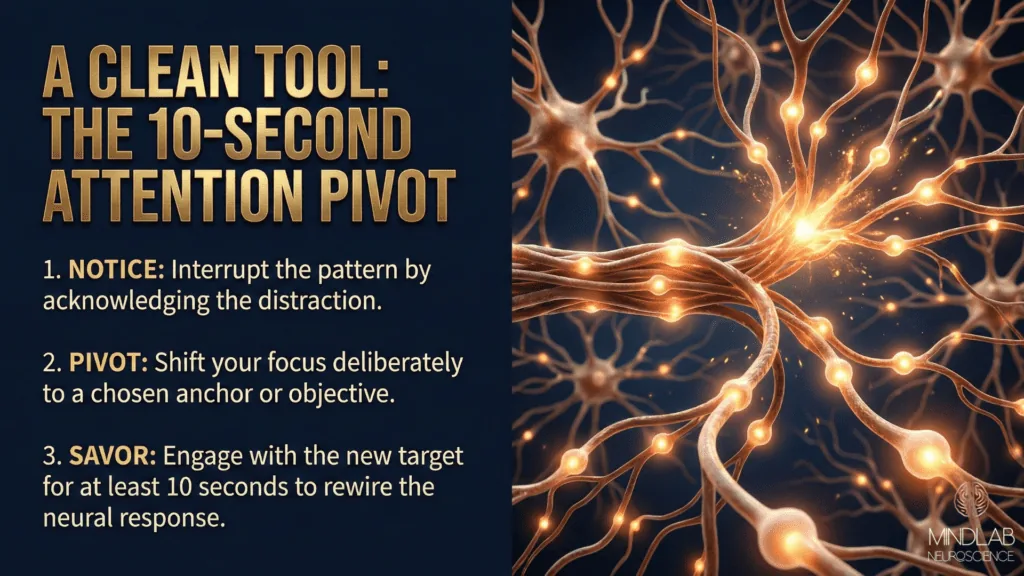 How to rewire your brain with 10-second attention pivot technique - glowing neural circuitry with illuminated nodes and redirected pathways showing neurological interrupt.