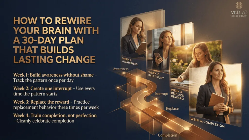 Learn how to rewire your brain in 30 days with structured weekly plan - female professionals across four temporal phases showing awareness, interrupt, replace reward, and completion progression.