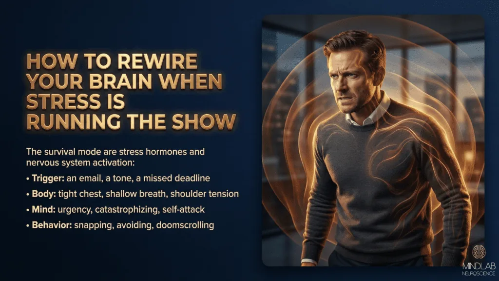 How to rewire your brain when stressed - male professional showing survival mode activation with radiating stress waves and nervous system hijack visualization with cognac illumination.
