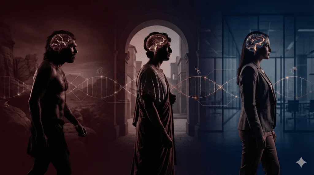 Three figures from caveman to modern professional walk in sequence, each with a glowing brain, illustrating how evolution sets the stage but neuroplasticity exercises drive personal change.