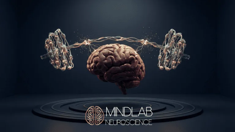 Glowing neural clusters fire electrical energy into a floating 3D brain above concentric rings, symbolizing MindLAB Neuroscience’s precision approach to neuroplasticity exercises.