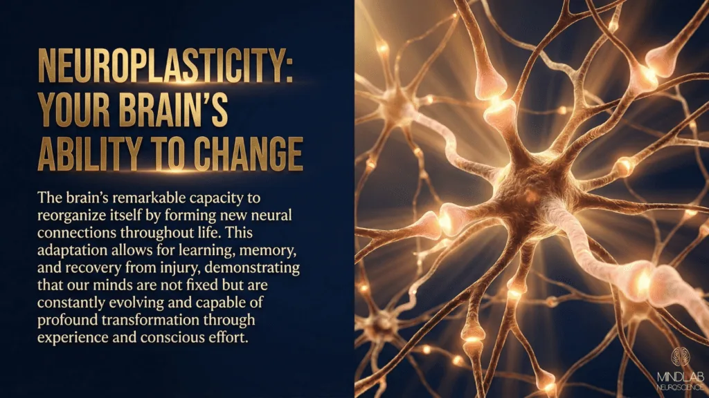 Neuroplasticity demonstrates how to rewire your brain through new neural connections with three-dimensional illuminated synaptic pathways and luminescent nodes.