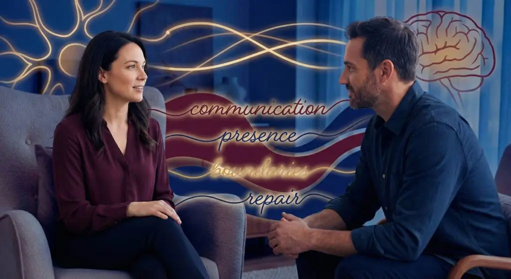 Two adults in a calm, present conversation, illustrating communication that lowers threat and invites repair.