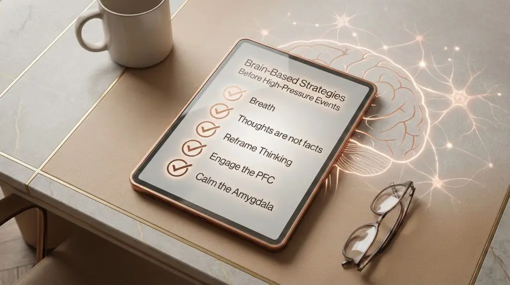Luxury neuroscience-inspired checklist on a tablet showing five brain-based strategies to reduce performance anxiety.