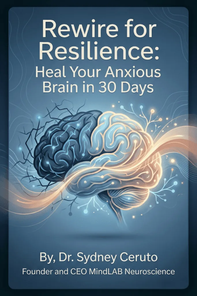Rewire for Resilience: Heal Your Anxious Brain in 30 Days book cover by Dr. Sydney Ceruto, MindLAB Neuroscience