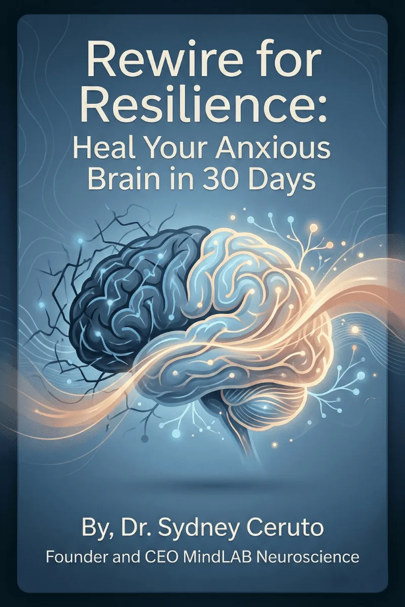 Rewire for Resilience: Heal Your Anxious Brain in 30 Days book cover by Dr. Sydney Ceruto, MindLAB Neuroscience