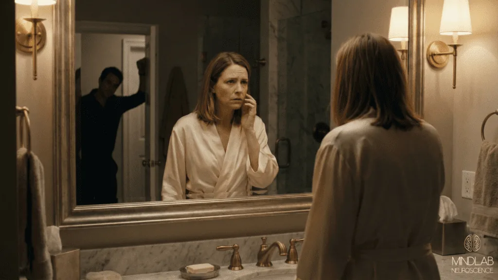 Woman examining herself critically in bathroom mirror with worried expression, showing body image concerns related to sexual performance anxiety.
