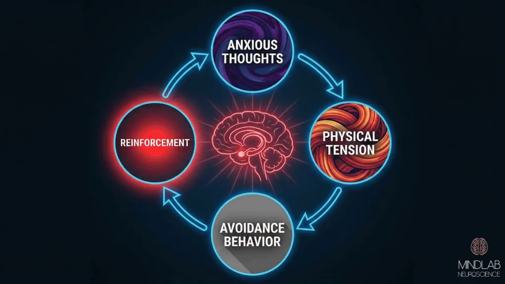 Neon diagram showing the anxiety cycle: anxious thoughts → physical tension → avoidance behavior → reinforcement with brain at center.