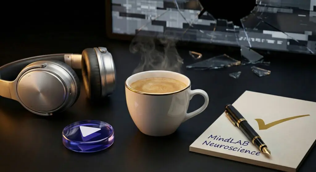 The luxurious still life of coffee, headphones, and a notebook represents clean dopamine anchoring versus distraction.
