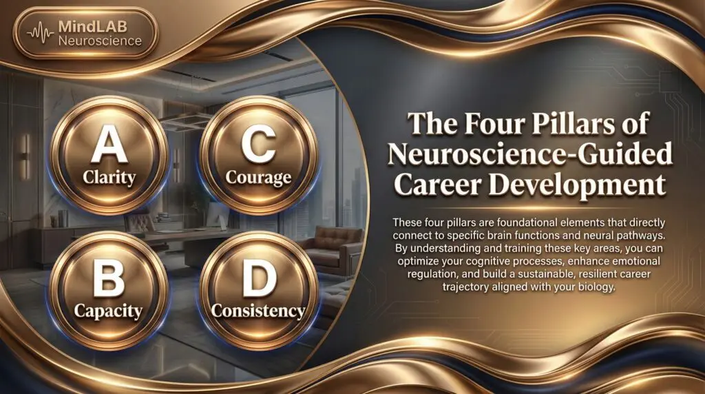 Infographic displaying four neuroscience practice elements: neural mapping, reward-threat profiles, real-time neuroplasticity, and custom brain-aligned career plans.