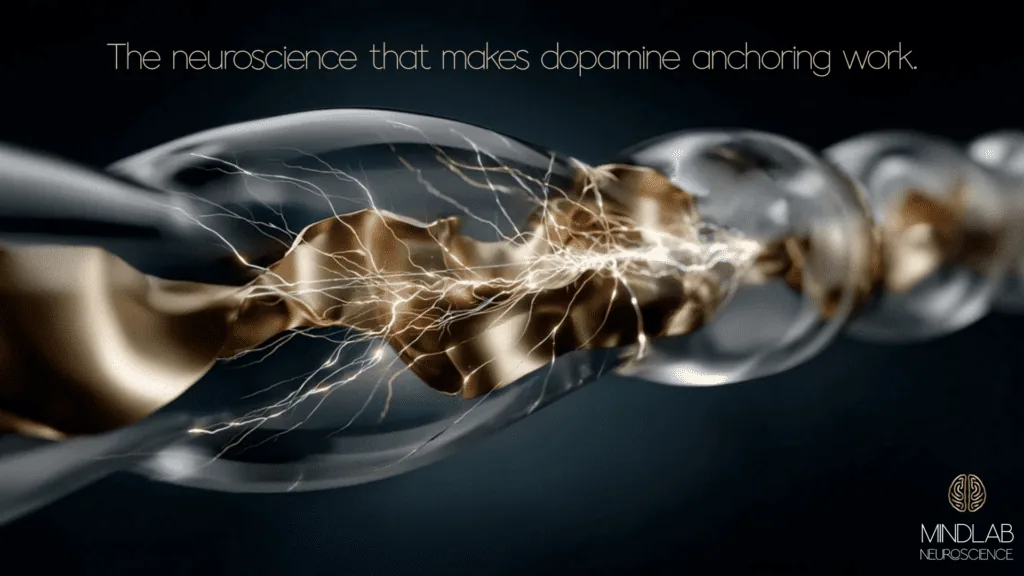 Microscopic view of nerve fiber wrapped in gold myelin illustrating dopamine anchoring reinforcement in the brain.
