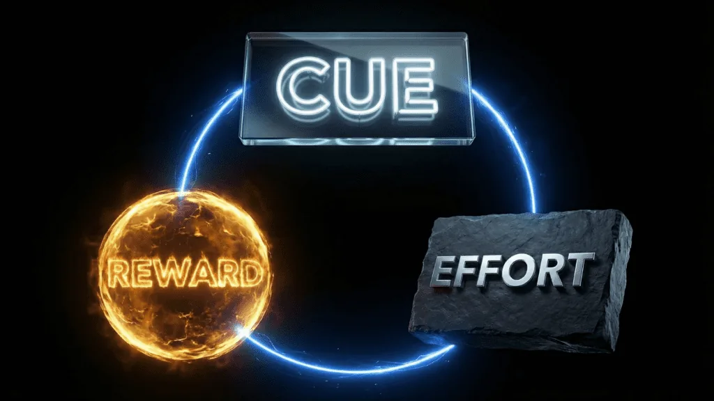 Three part cycle diagram showing cue effort and reward loop for the dopamine anchoring neuroscience protocol.