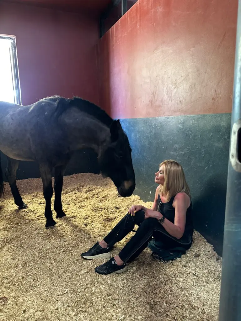 Dr. Sydney Ceruto with Arabian horse in Morocco, showing authentic moment of personal resilience and connection
