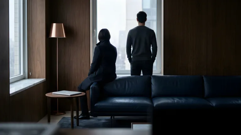 An emotionally unavailable partner at the window while the other sits apart on a navy sofa