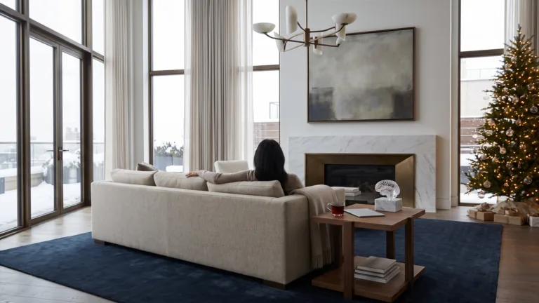 Holiday burnout easing as a person rests alone on a sofa in a bright winter room, tree behind