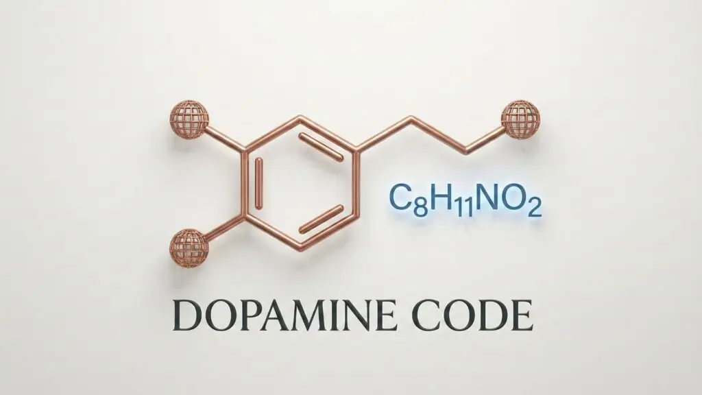 A 3D dopamine molecule symbol constructed from microscopic copper nanobots and blue data streams on a cream background. Symbolizing the dopamine code.