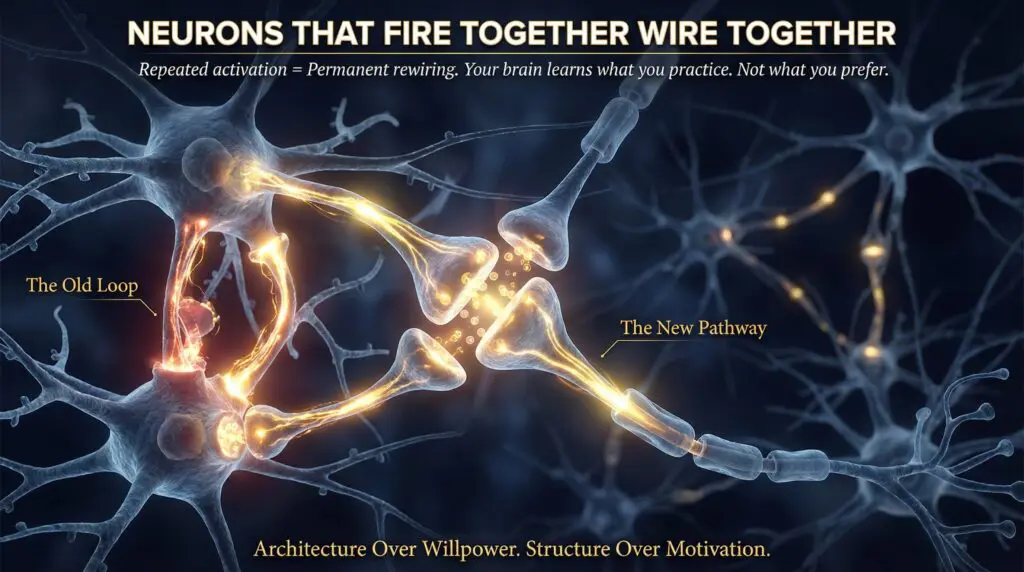 Close-up 3D visualization of neurons firing together with glowing golden synaptic connections, illustrating neuroplasticity principle underlying remote neuroscience practice methodology.