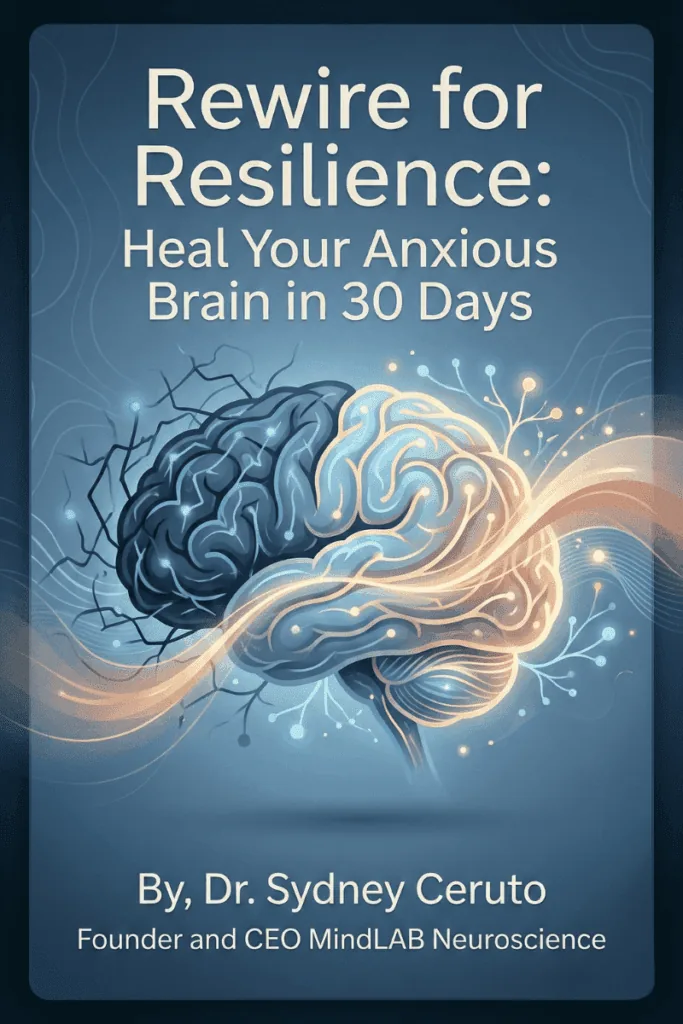 Rewire for Resilience: Heal Your Anxious Brain in 30 Days book cover by Dr. Sydney Ceruto, MindLAB Neuroscience