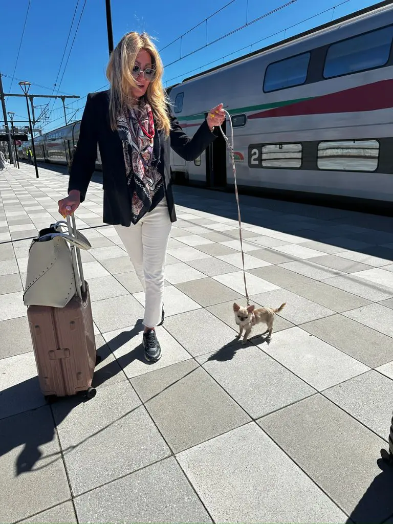 Dr. Sydney Ceruto, PhD, neuroscientist and author, walking along a Moroccan train platform with her dog and luggage in Casablanca