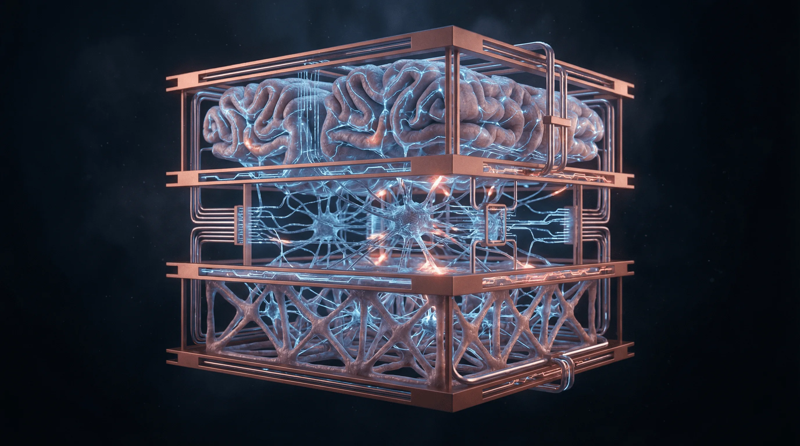 Strategy consulting and organizational development — layered copper neural blueprint connecting operational tiers