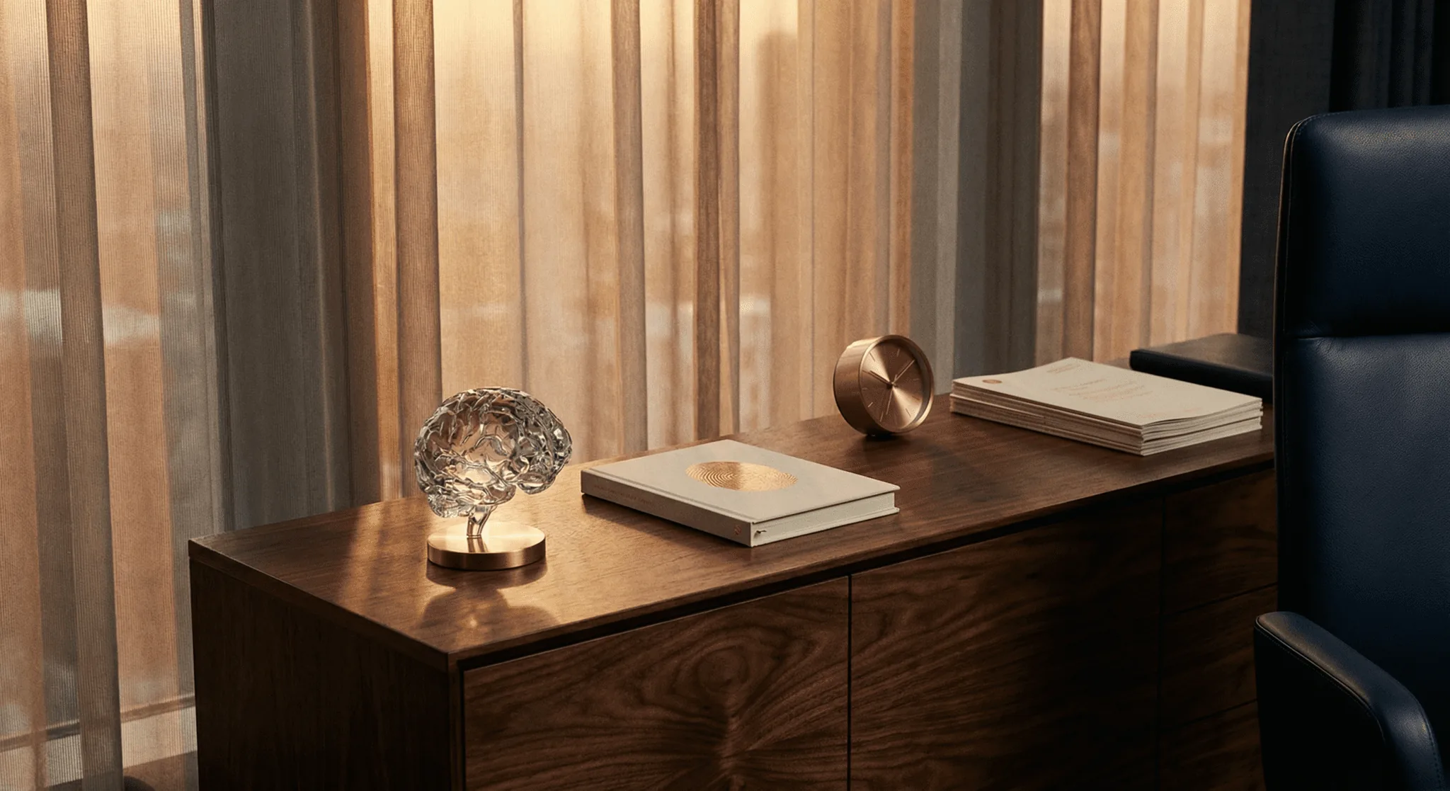 Walnut credenza with crystal brain sculpture and MindLAB journal in diffused dusk light suggesting high-floor Midtown Manhattan private office
