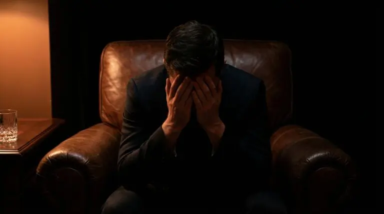 Person seated in leather club chair, head in both hands, elbows on knees, contemplative silhouette in dark room