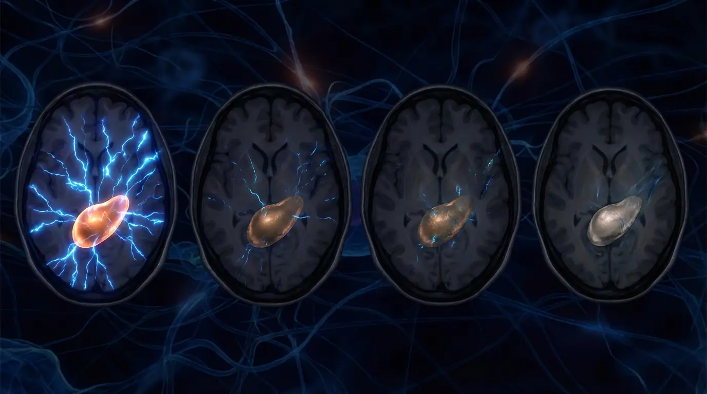 Copper amygdala showing progressively diminishing activation with weakening blue signals