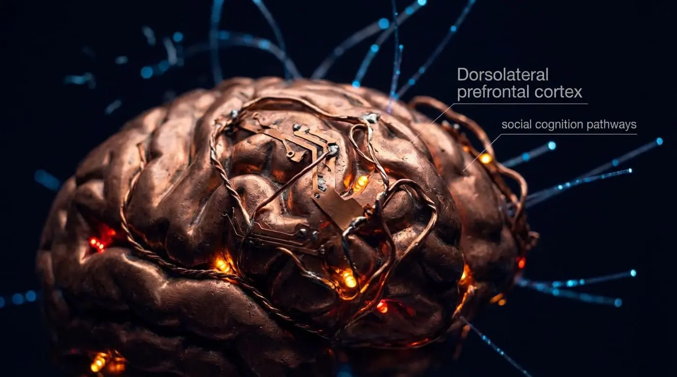 Copper dorsolateral prefrontal cortex with irregular firing and scattered blue pathways