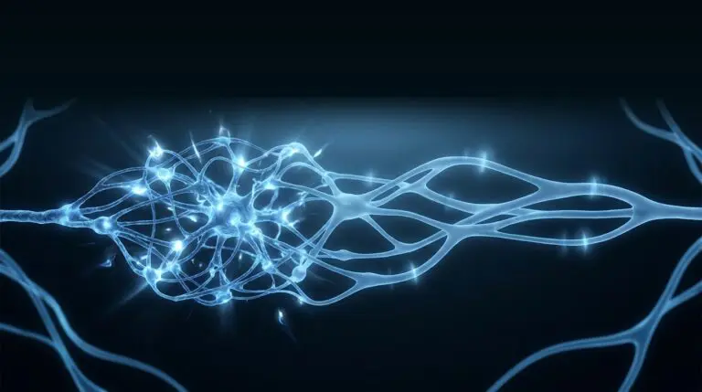 Anxiety and threat calibration, rendered as a threat network settling from hypervigilant to calm in soft blue on navy.