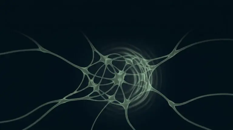 Emotional resilience, rendered as a network absorbing a shock ripple and recovering in sage on navy.