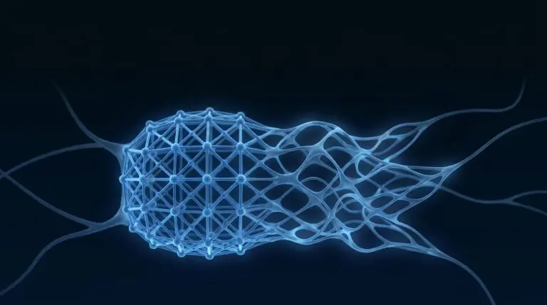 Identity and neural flexibility, rendered as a rigid lattice reshaping into a flexible network in soft blue on navy.