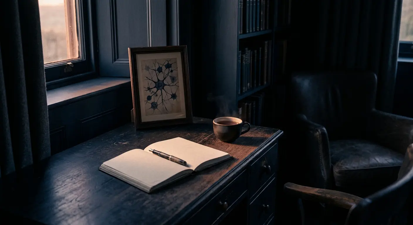 Quiet study desk in warm low light with an open notebook, the gap between understanding self-sabotage and rewiring it.