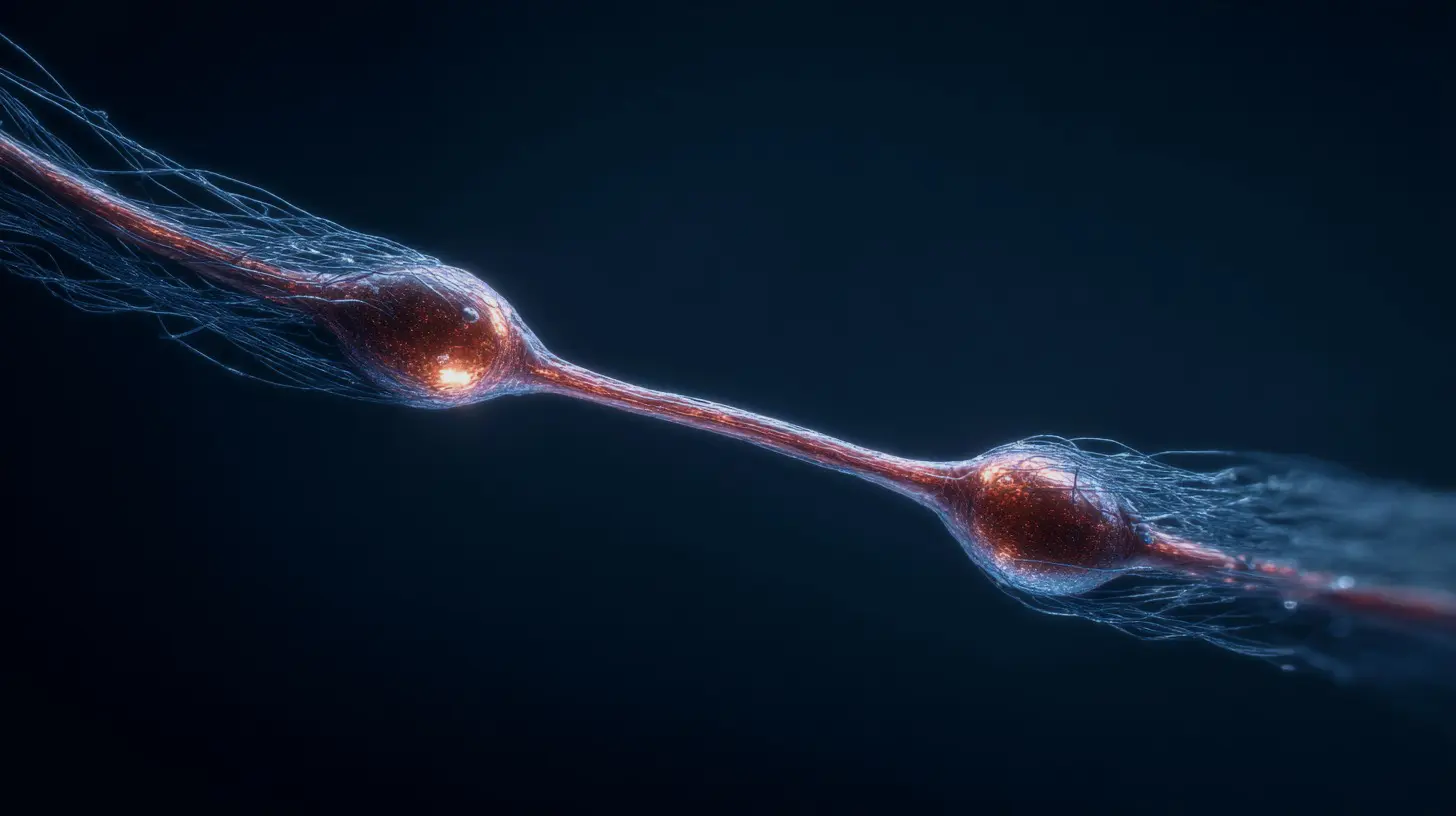 Two copper nerve endings meeting at a synaptic junction on deep navy, the connection glowing softly in its brief live window