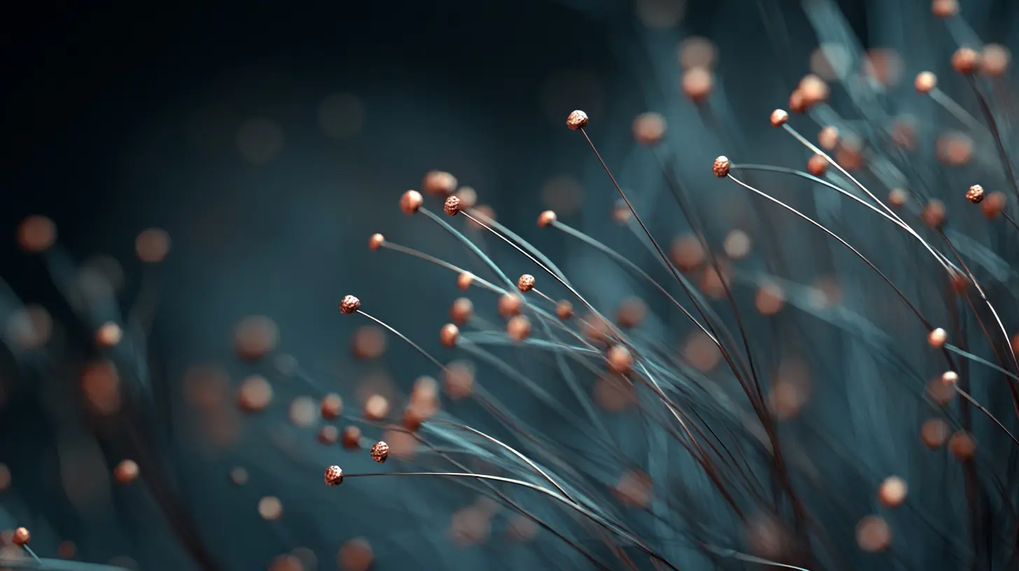 A few slender copper-tipped filaments of light reaching and growing upward across deep navy, alive and still building